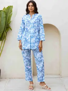 HUKUM Floral Printed Mandarin Collar Three-Quarter Sleeves Pure Cotton Top With Trouser