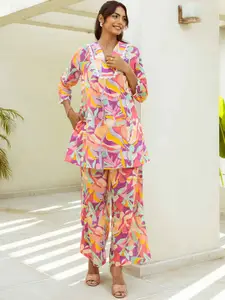 HUKUM Floral Printed V-Neck Three-Quarter Sleeves Pure Cotton Top With Palazzo