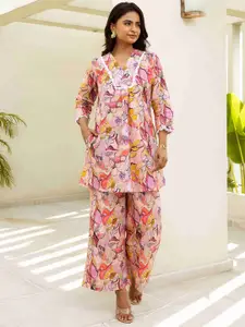 HUKUM Floral Printed V-Neck Three-Quarter Sleeves Pure Cotton Top With Palazzo