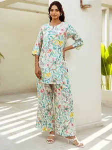 HUKUM Floral Printed Round Neck Three-Quarter Sleeves Top With Palazzo