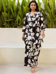 HUKUM Floral Printed V-Neck Three-Quarter Sleeves Pure Cotton Top With Palazzo