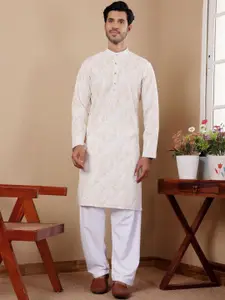 Rawayi Ethnic Motifs Embroidered Sequinned Band Collar Cotton Straight Kurta