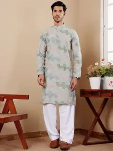 Rawayi Geometric Embroidered Band Collar Linen Straight Kurta