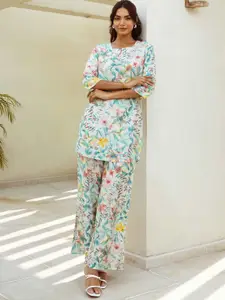 HUKUM Floral Printed Round Neck Three-Quarter Sleeves Top With Palazzo