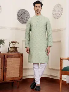 Rawayi Geometric Printed Band Collar Jacquard Straight Kurta