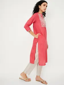 max Mandarin Collar Floral Yoke Design Thread Work Straight Cotton Kurta