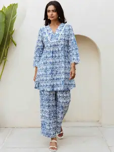 HUKUM Floral Printed V-Neck Three-Quarter Sleeves Pure Cotton Top With Palazzo