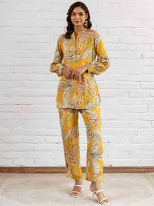 HUKUM Floral Printed Mandarin Collar Three-Quarter Sleeves Pure Silk Top With Trouser