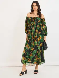 Styli Women Floral Printed Off Shoulder Puff Sleeves A-Line Maxi Dress