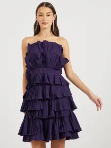 Styli Women Solid Off Shoulder Pleated Tiered Mini Dress