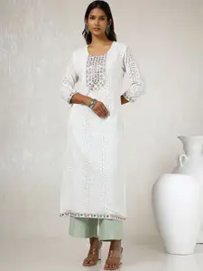 Soch Floral Embroidered Mirror Work Schiffli Straight Cotton Kurta