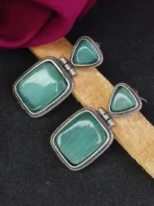 Efulgenz Silver-Plated Square Crystal Oxidised Drop Earrings