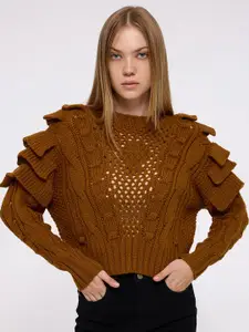 COVER STORY Women Self Design Round Neck Long Sleeves Ruffle Casual Pullover