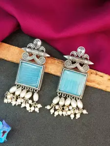 Efulgenz Rhodium Plated Crystal Studded Contemporary Oxidised Drop Earrings