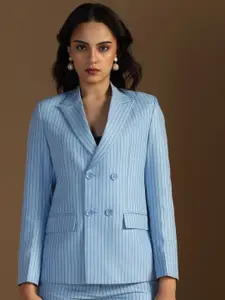 TAHVO Striped Peaked Lapel Collar Double Breasted Formal Blazer