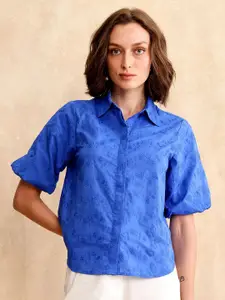 RAREISM Women Comfort Spread Collar Textured Cotton Casual Shirt