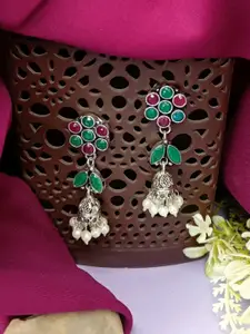 Efulgenz Silver-Plated Floral Shaped Classic Crystal & Beaded Oxidised Drop Earrings