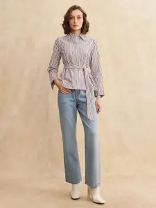 RAREISM Women Comfort Spread Collar Vertical Striped Cotton Casual Shirt