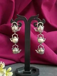 Efulgenz Rhodium Plated Contemporary Oxidised Drop Earrings