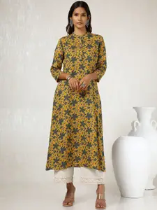 Soch Mustard Yellow Floral Printed Mandarin Collar Straight Kurta