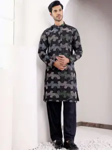 Rawayi Abstract Printed Band Collar Linen Straight Kurta