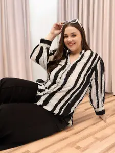 DressBerry Curve Women Classic Mandarin Collar Multi Striped Casual Shirt