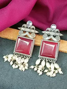 Efulgenz Silver-Plated Oxidized Beaded Square Crystal Drop Earrings