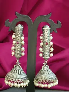 Efulgenz Silver-Plated Dome Shaped Crystal Oxidised Jhumkas