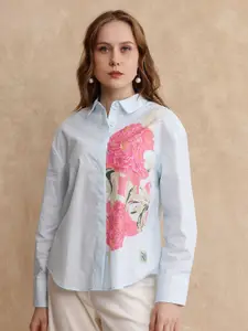 RAREISM Women Comfort Spread Collar Floral Printed Cotton Boxy Casual Shirt