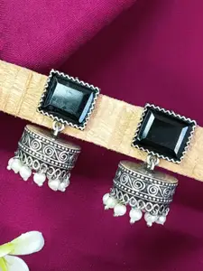 Efulgenz Rhodium Plated Crystals Studded Contemporary Drop Earrings