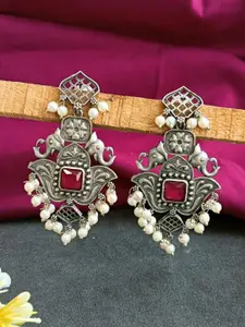 Efulgenz Rhodium-Plated Crystal Studded Contemporary Oxidized Drop Earrings