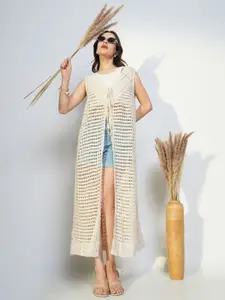 SHOWOFF Self Design Longline Crochet Acrylic Tie-Up Shrug