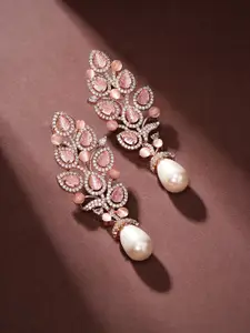 Priyaasi Rose Gold-Plated American Diamond Stone Studded & Pearls Beaded Drop Earrings