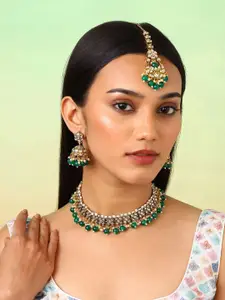 Priyaasi Gold Plated Kundan Studded & Beaded Necklace & Earrings With Maang Tika