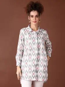 V-Mart Geometric Printed Shirt Collar High Low Straight Pure Cotton Kurta