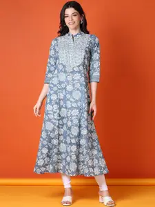 V-Mart Floral Printed Mandarin Collar Machine Wash Cotton A-Line Kurta