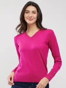 FableStreet Women V-Neck  Buttoned Sleeve Pullover
