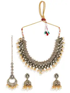 Priyaasi Gold-Plated Kundan Studded & Beaded Necklace and Earrings With Maang Tika