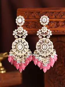 Priyaasi Gold-Plated Kundan Stone Studded & Pearls Beaded Contemporary Drop Earrings