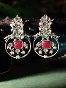 Priyaasi Silver-Plated Oxidized Stone Studded & Beaded Floral Pattern Drop Earrings