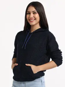Campus Sutra Women Textured Cotton Hooded Sweatshirt