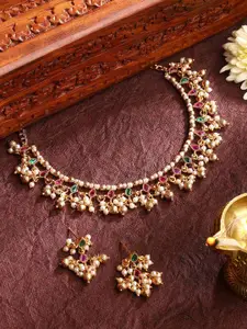 Priyaasi Gold Plated Stone Studded & Beaded Peacock Necklace and Earrings