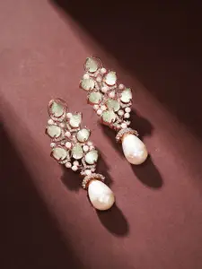 Priyaasi Rose Gold-Plated American Diamond Stone Studded & Pearls Beaded Drop Earrings