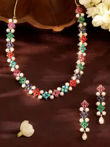 Priyaasi Gold-Plated Stone Studded & Beaded Necklace and Earrings