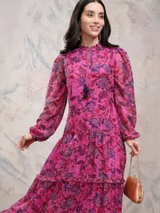 Vishudh Women Floral Print Tie-Up Neck Long Sleeves Maxi Dress