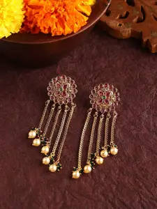 Priyaasi Gold-Plated Floral Stone Studded Floral Pattern Tasselled Drop Earrings