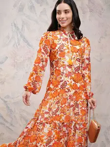 Vishudh Women Floral Printed Tie-Up Neck Drop - Waist Maxi Dress