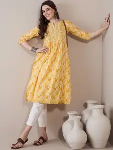 Anouk Floral Printed Regular Mirror Work Cotton A-Line Kurta