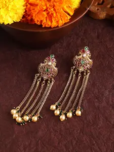 Priyaasi Gold-Plated Stone Studded & Beaded Peacock Shaped Tasselled Drop Earrings