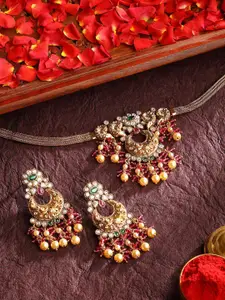 Priyaasi Gold-Plated Stone-Studded & Beaded Necklace and Earrings